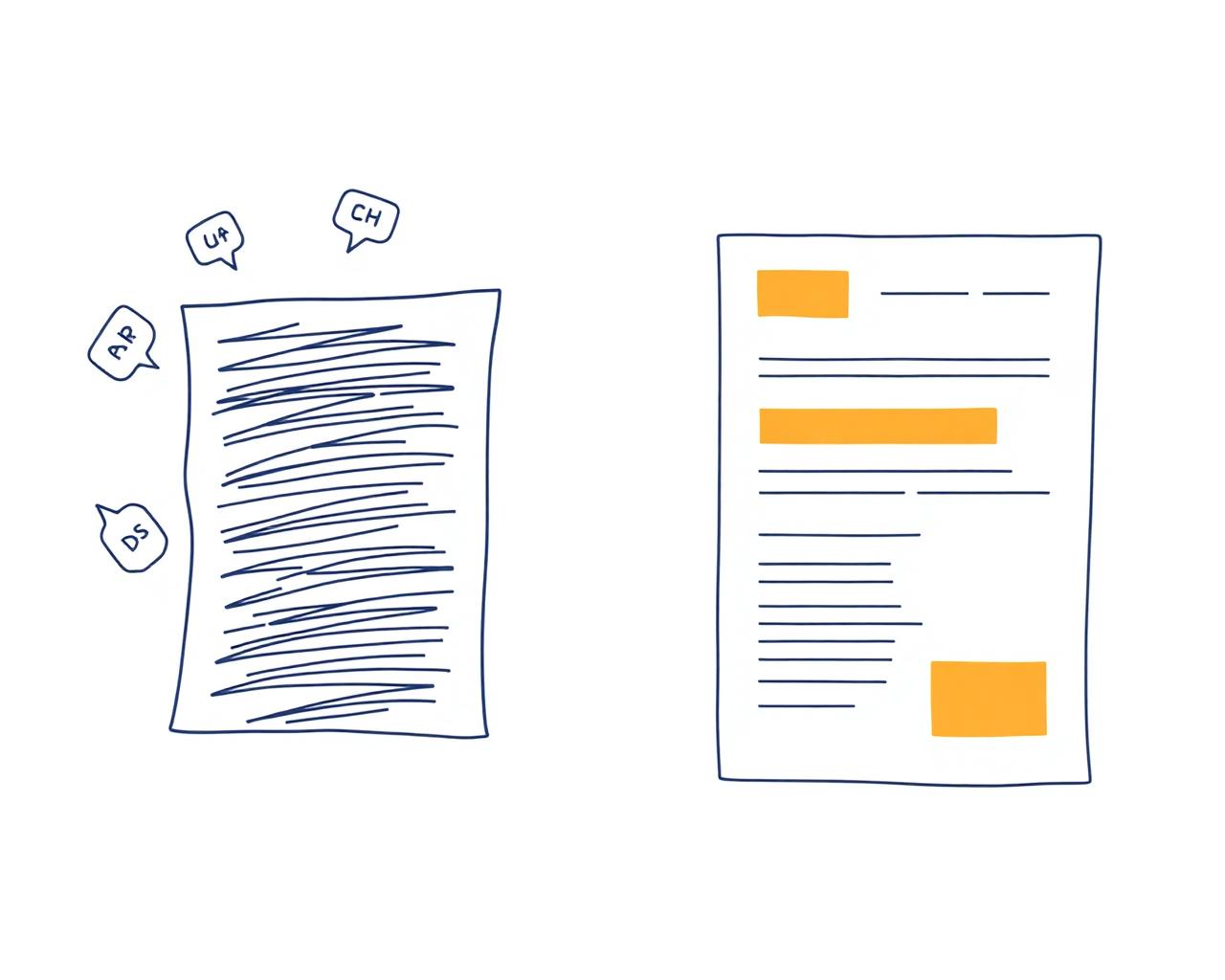 Side by side: a vague generic job ad on the left, a clean structured hiring brief on the right