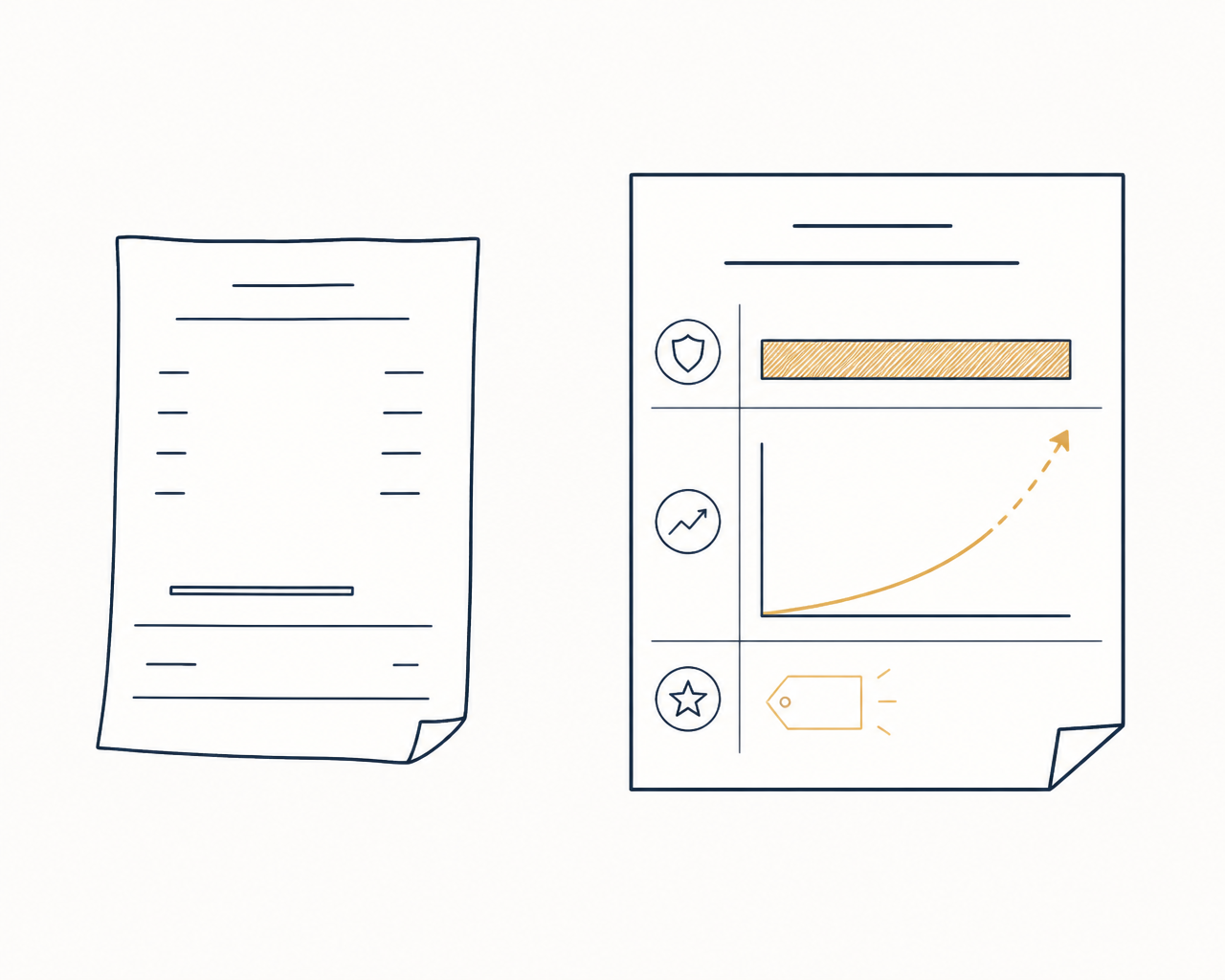 Side by side: a thin one-line pay slip on the left, a structured pay plan with base, commission curve and bonus on the right