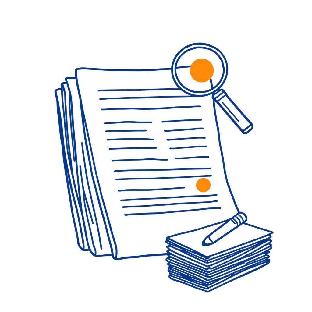 Line illustration of a thick specification document with a magnifying glass and a stack of pages