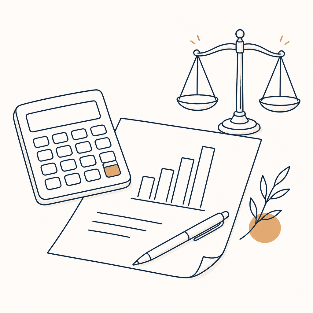 Calculator, balanced scales and a sheet showing a bar chart, illustration style