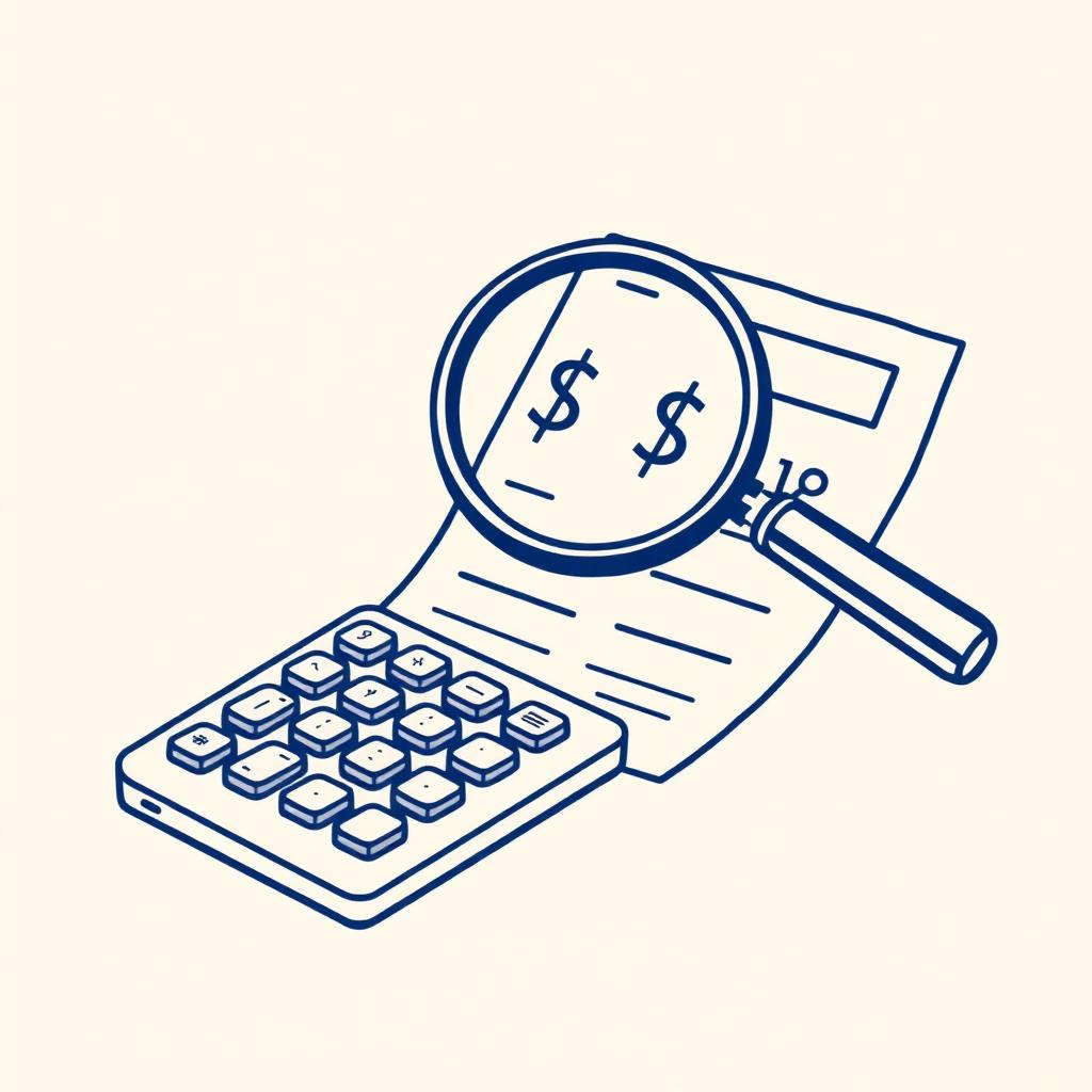 Calculator and payslip with a magnifying glass over a dollar figure, line-art illustration