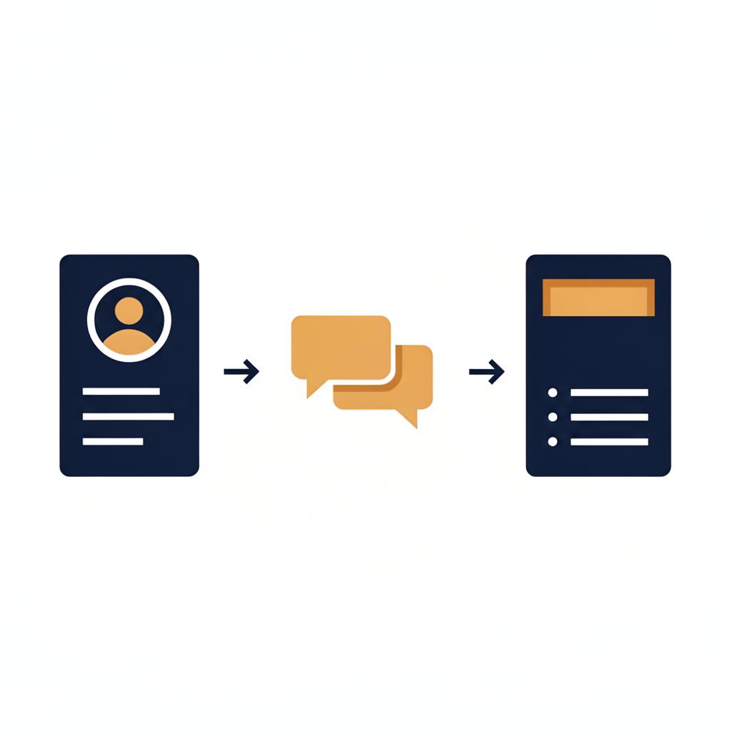Flat illustration showing a LinkedIn profile, an AI chat, and a rewritten profile